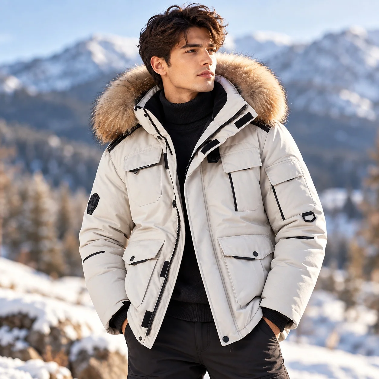 Hooded Thickened Coat Regular Fit Casual with Detachable Collar Mid Length Wrinkle Finish Multiple Pockets Winter for Men