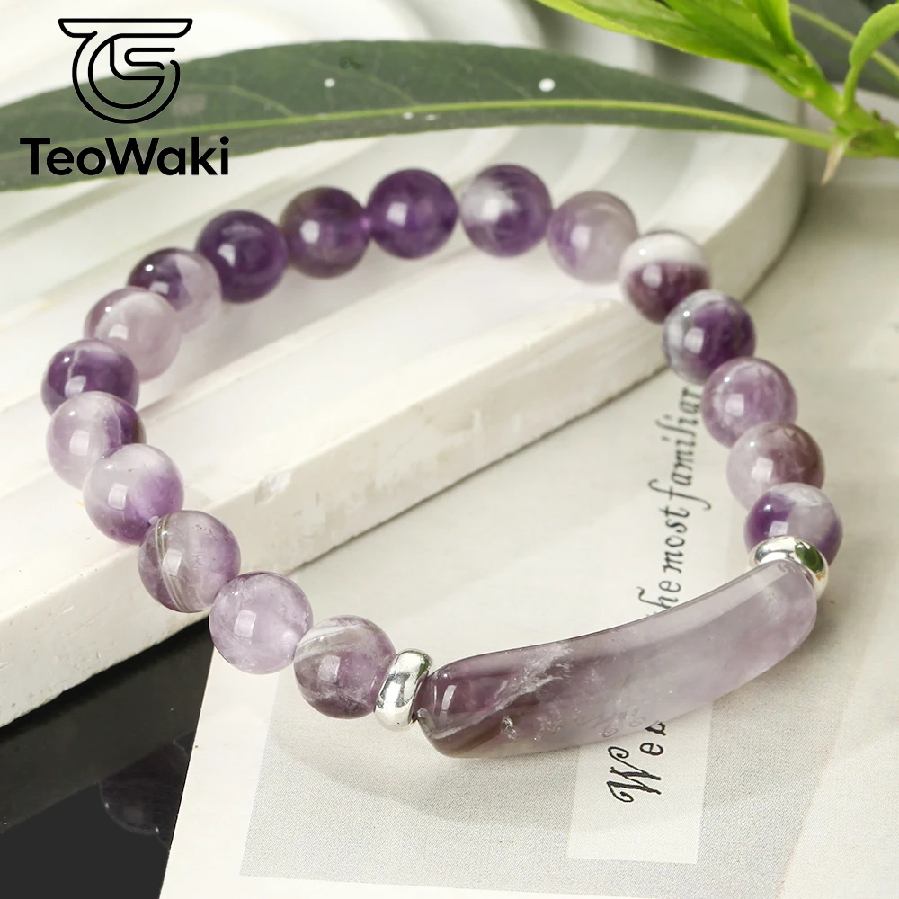 Teowaki Natural Stone Beaded Elastic Stretch with Round Beads and Bridge-type Amethyst Decoration Daily Jewelry Ideal Gift 19cm