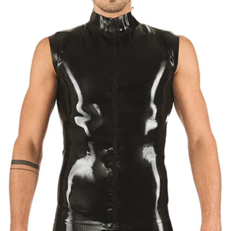 

Black Sexy Latex Vest With Zipper At Front Sleeveless High Collar Rubber Shirt Tank Top Clothes