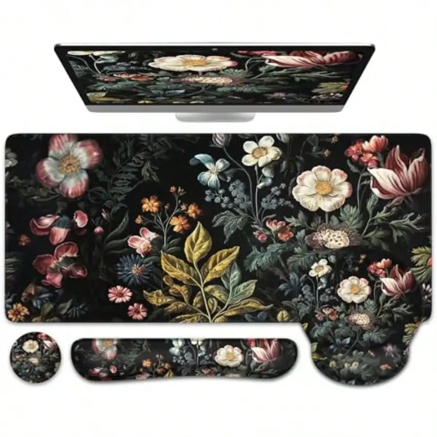 

Desk Cover Mat 4in1 Floral Large Mouse Pad with Wrist Rest Desk Matt for Desktop Anti-Slip XXL Big Computer Ergonomic Mousepa