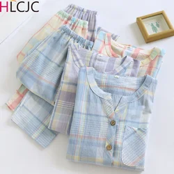 New Water-washing Cotton Long-sleeved Pants Pajamas for Women Loungewear Plaid Sleepwear Autumn V-neck Pure Cotton Home Clothes