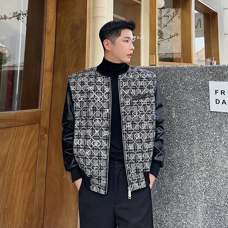 Winter New Design Heavy Work Plaid Leather Patch Men's Baseball Jacket Korean Style Glossy Upper Body Youth Fashion