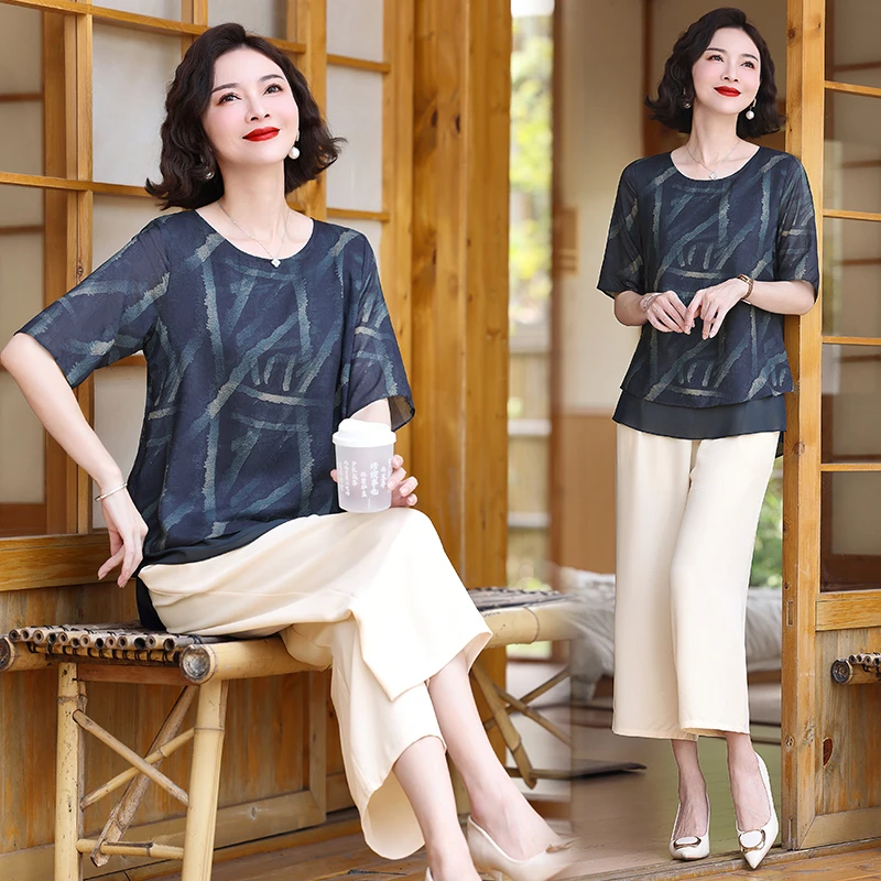 Middle-aged Women Clothing Summer 2 Piece Sets Womens Printed cardigan Short Sleeve Button  and Harem Pants Loose Woman Suit