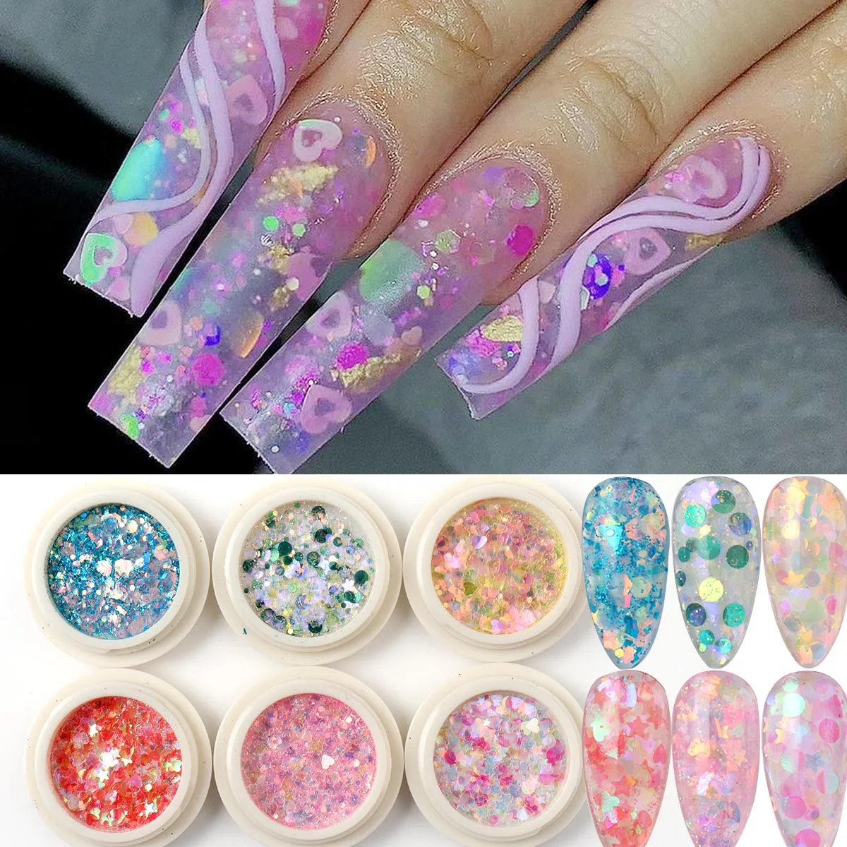 6 Box Iridescent Hexagon Glitter Flakes Star Heart Shaped Mermaid Nail Art Glitter Sequins Blue Purple Multicolor Powder