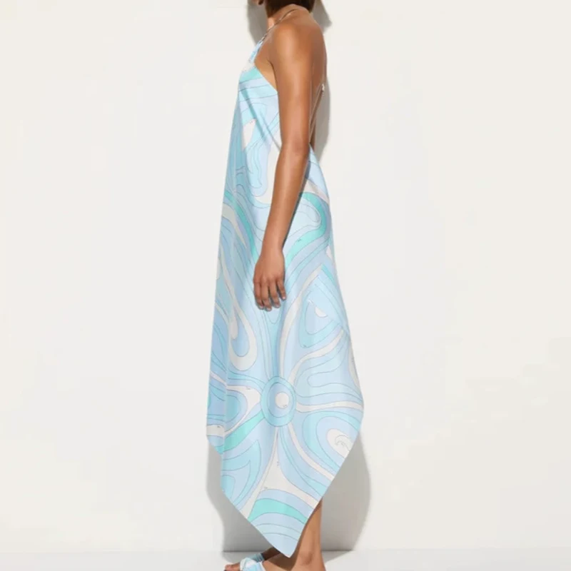 Abito lungo irregolare allentato con stampa modello di moda Abito da donna sexy con scollo all'americana e spalle scoperte Abito da festa estivo senza schienale Boho