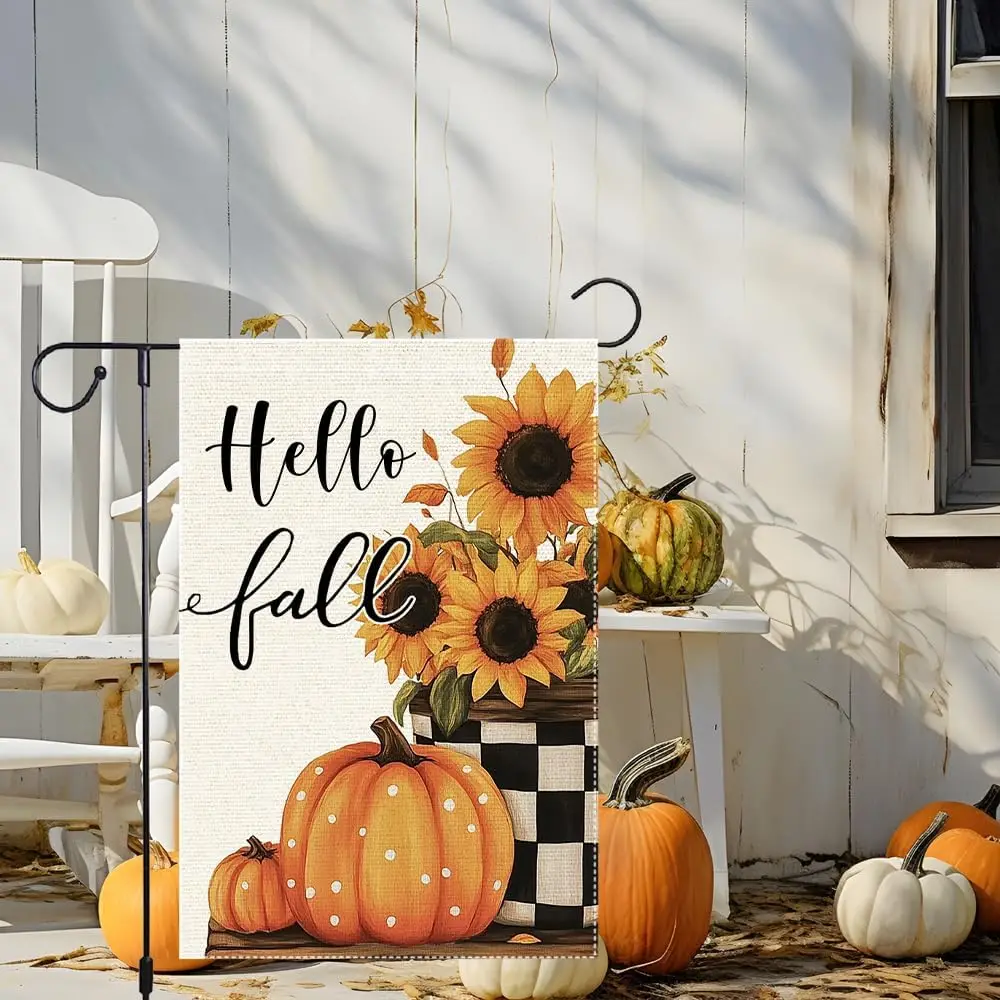 Hello Fall Garden Flag Sunflowers Mason Jar Garden Flags 12x18 Inch Double Sided Burlap Buffalo Plaid Outside Decor Autumn T KKW