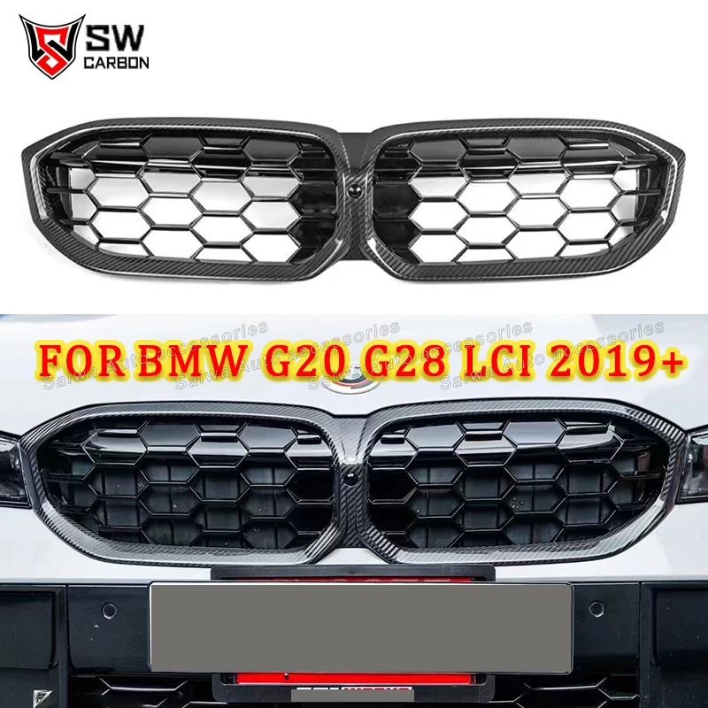 G20 LCI Diamond Style Carbon Fiber Front Bumper Grille for BMW 3 Series G20 G21 318i 320i 330i LCI Front Kidney Grile Cover