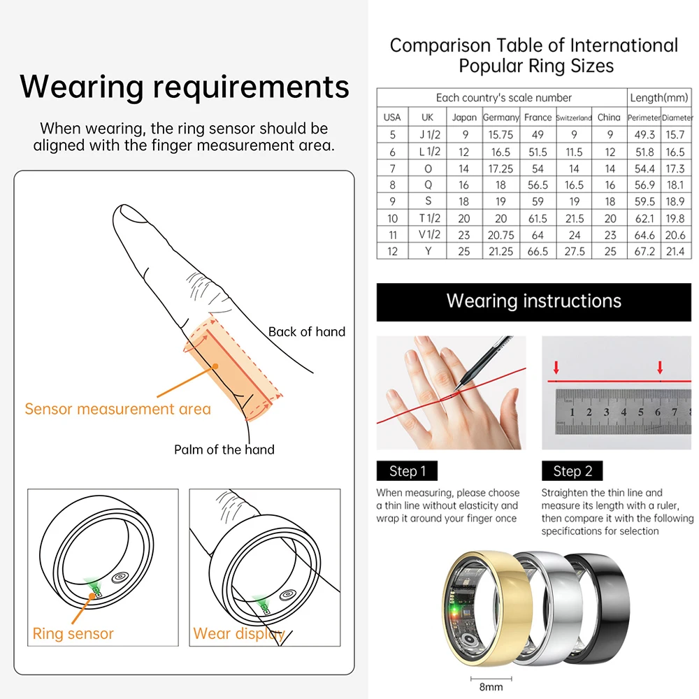 R1000 الفولاذ المقاوم للصدأ موضة حلقة ذكية IP68 Waterperoof معدل ضربات القلب الأكسجين في الدم رصد الضغط أنيق البنصر الرجال النساء