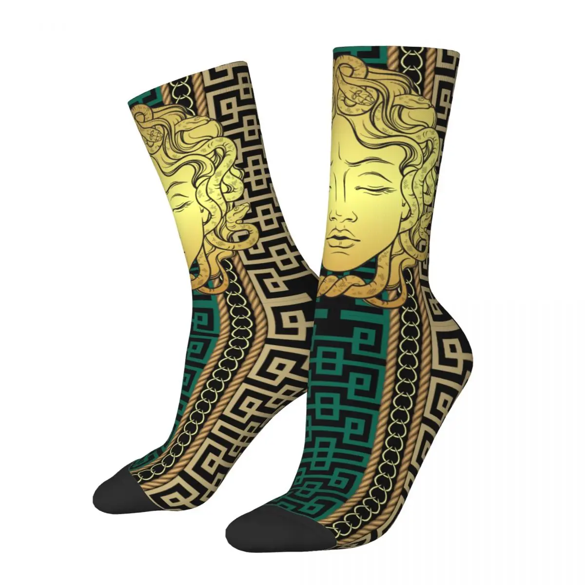 Fashion Luxury Gold Greek Key Sports Crew Socks Merch Ornament Meander Soft Middle Tube Socks Breathable Suprise Gift for Unisex