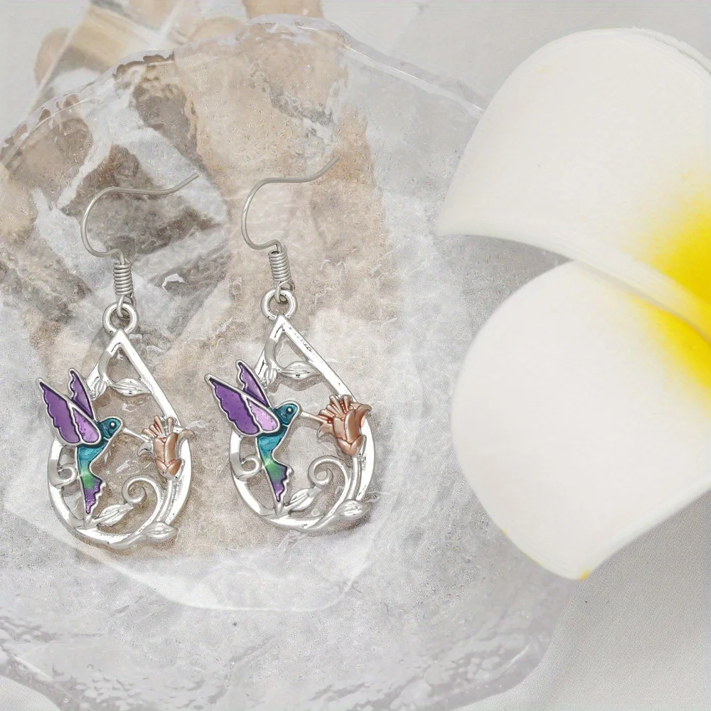 1 Pair Hummingbird with Flower Pattern Water Drop Earrings, Great Christmas Halloween Thanksgiving Day Gift,Valentine's Day Gift