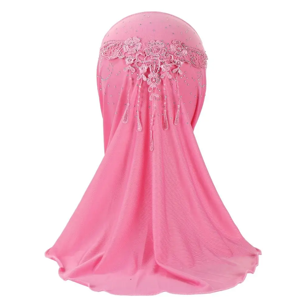 New Rhinestone Children Hijab Elastic Lace Girls Hijab Prayer Hat Head Wrap Turban Islamic Scarf Shawls 2 To 7 Years Girls