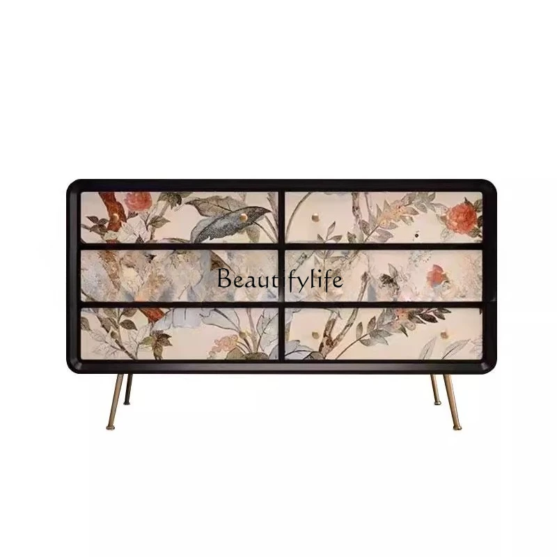 

French retro solid wood chest cabinet American medieval style living room hand-painted storage cabinet