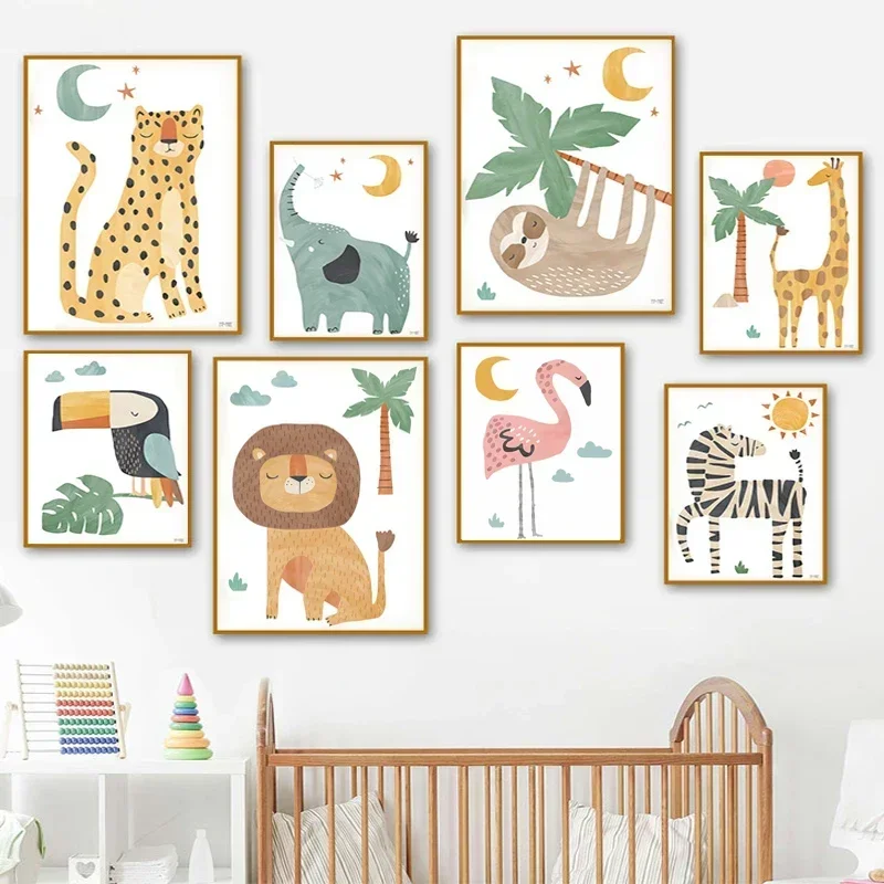 Cartoon Jungle Animal Lion Elephant Poster Nordic Children's Room Decoration Canvas Painting Baby Bedroom Nursery Wall Art Decor