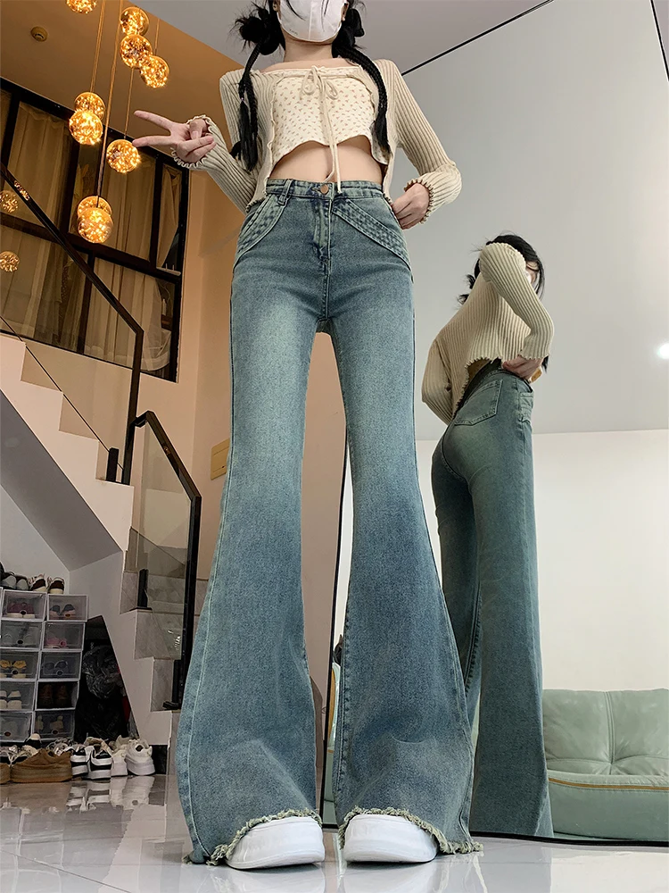 

Retro High Waist Bell Bot Denim Jeans Women's Autumn Winter New Loose Slim Long Pants Floor Length Micro Flared Jeans