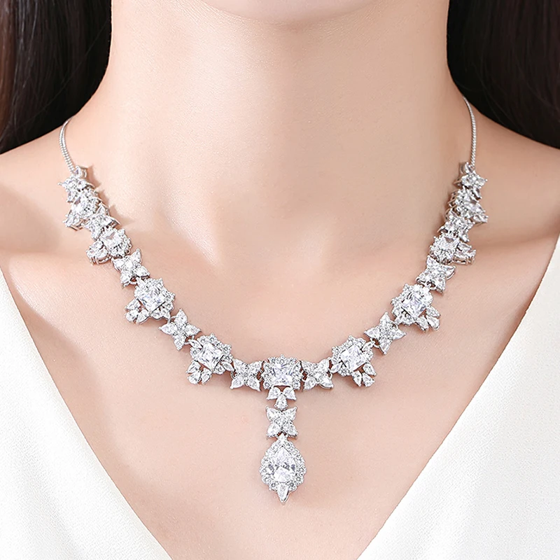 LUOTEEMI Luxury Cubic Zirconia Waterdrop Flower Bride Necklace Wedding Dress Bridal Necklace Stunning CZ Wife Christmas Gifts