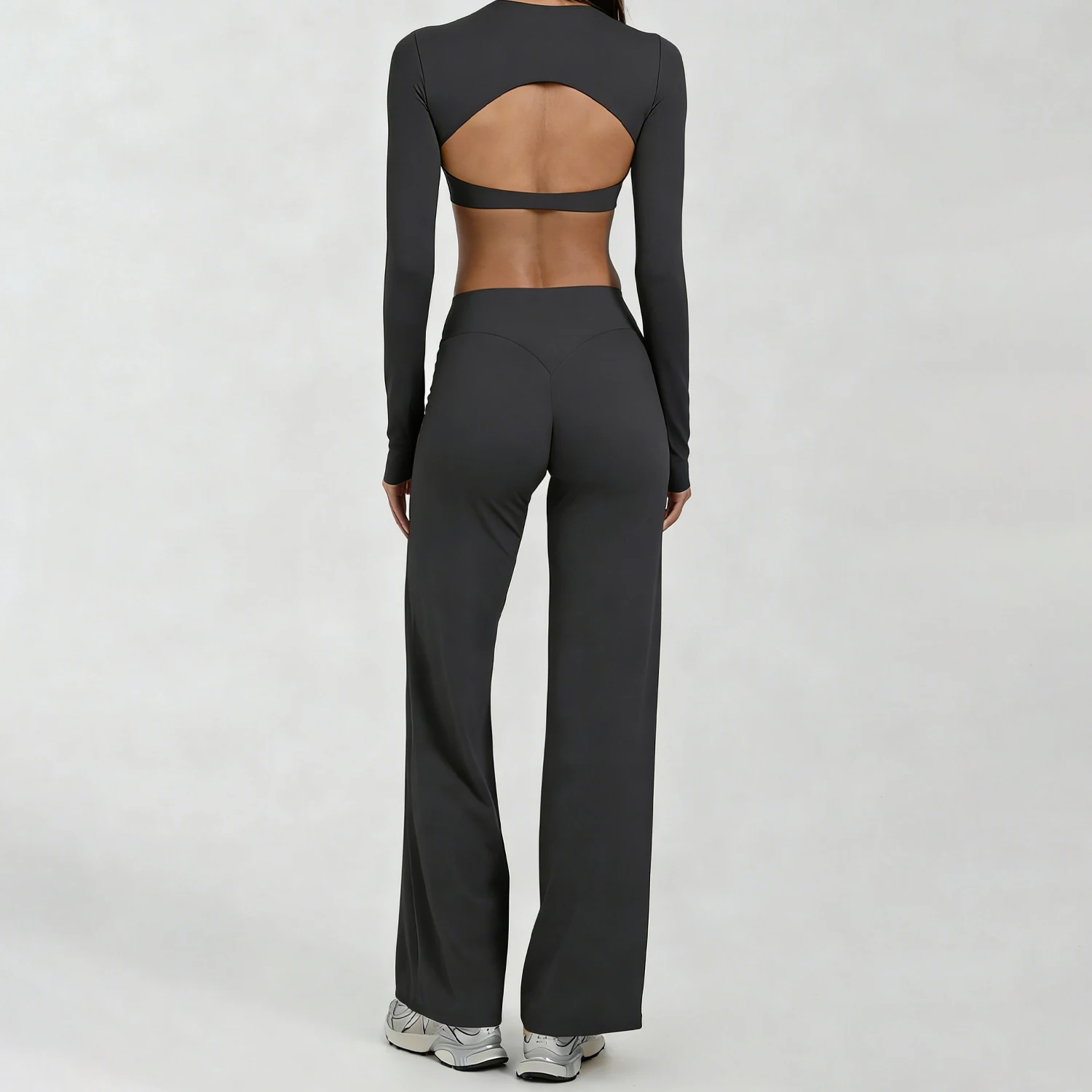 Running Sportswear Women 2 Piece Set Short Cropped Long Sleeve Top Straight Leg Yoga Pants Breathable Quick Dry Gym Suit