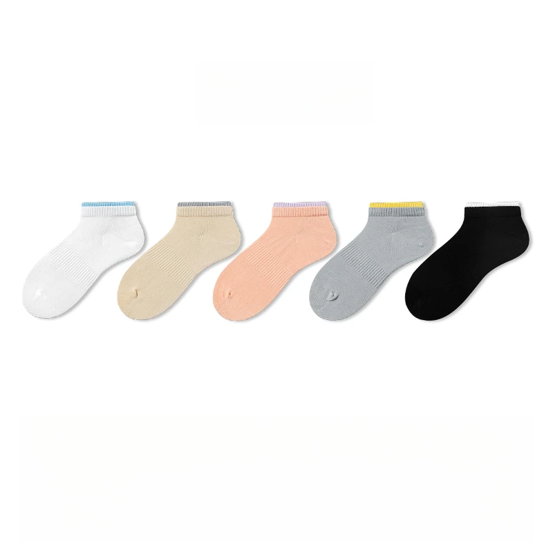5 Pairs Color Block Double Ruffle Boat Socks for Men Women Breathable Odor-Resistant Summer Sports Short Socks Spring