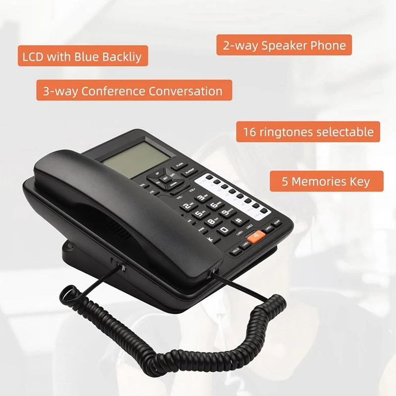 TC6400 2-Line Telephone Desktop Corded Landline With Backlit LCD Display Callerid Number Storage For Home Office Hotels