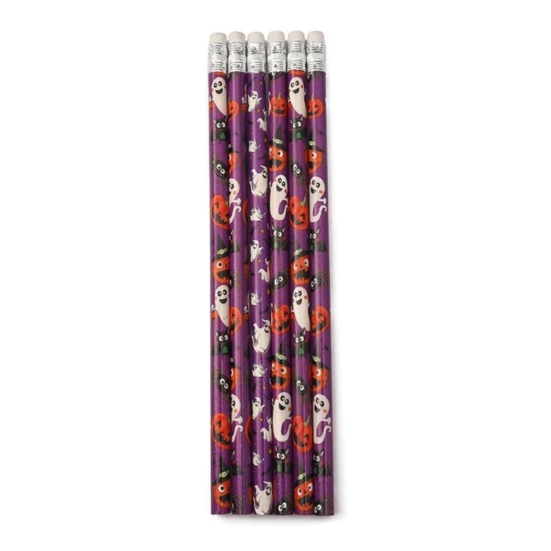 6/12Pcs Funny Halloween Pencils High-graded Wooden Pencils with Erasers Party Favor Round Pen Rod for Kid Reward