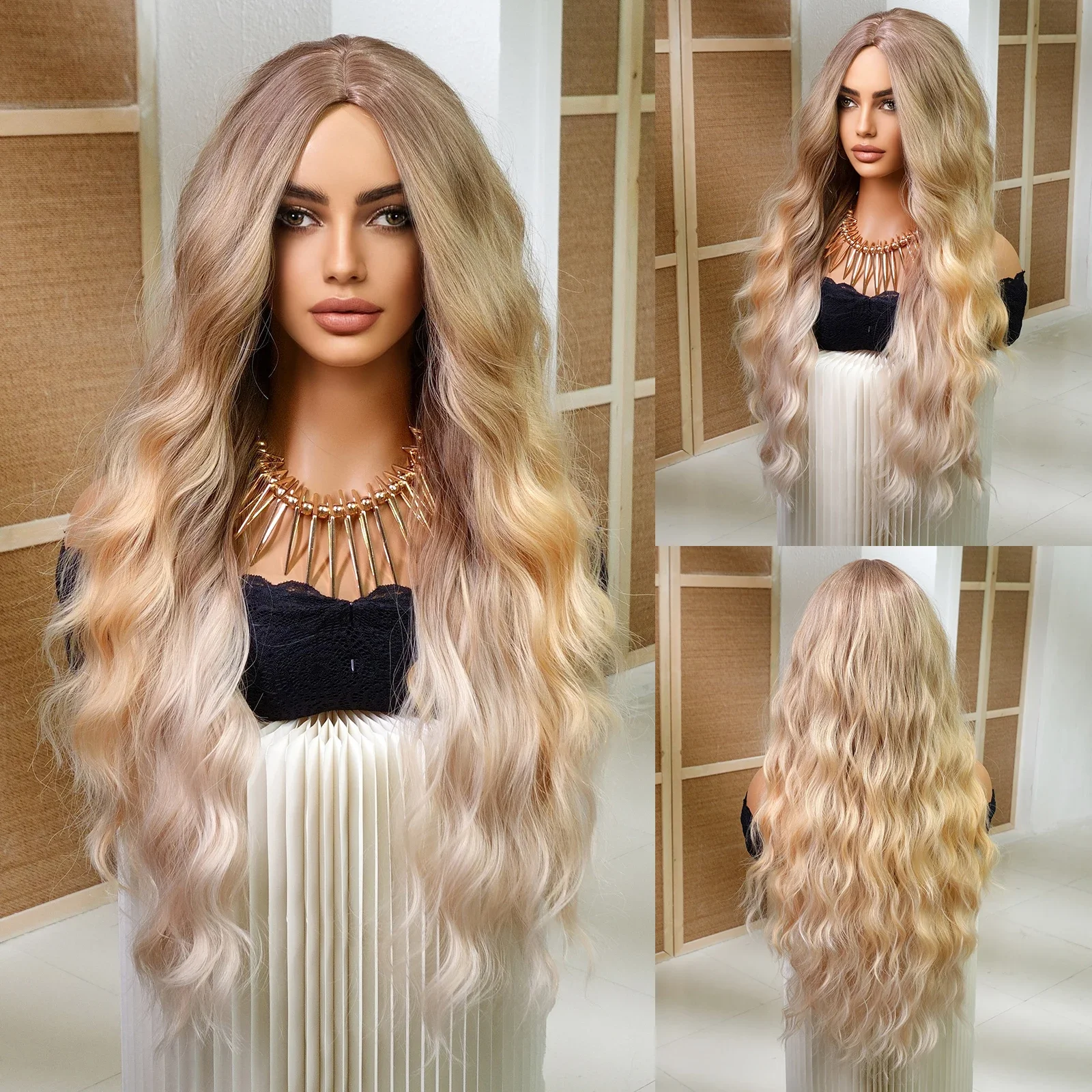 Lange Synthetische Pruiken Midden Ombre Donkere Wortel Tot Gele Blonde Bruine Pruik Haar Elegante Stijl Voor Meisjes En Dames Natuurlijke Vezel Slijtage