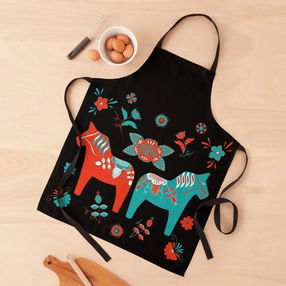 

Folk Art - Swedish Dala Horses - Red Turquiose Apron Men kitchen Kitchen For Men Chef Uniform For Men beauty master Apron