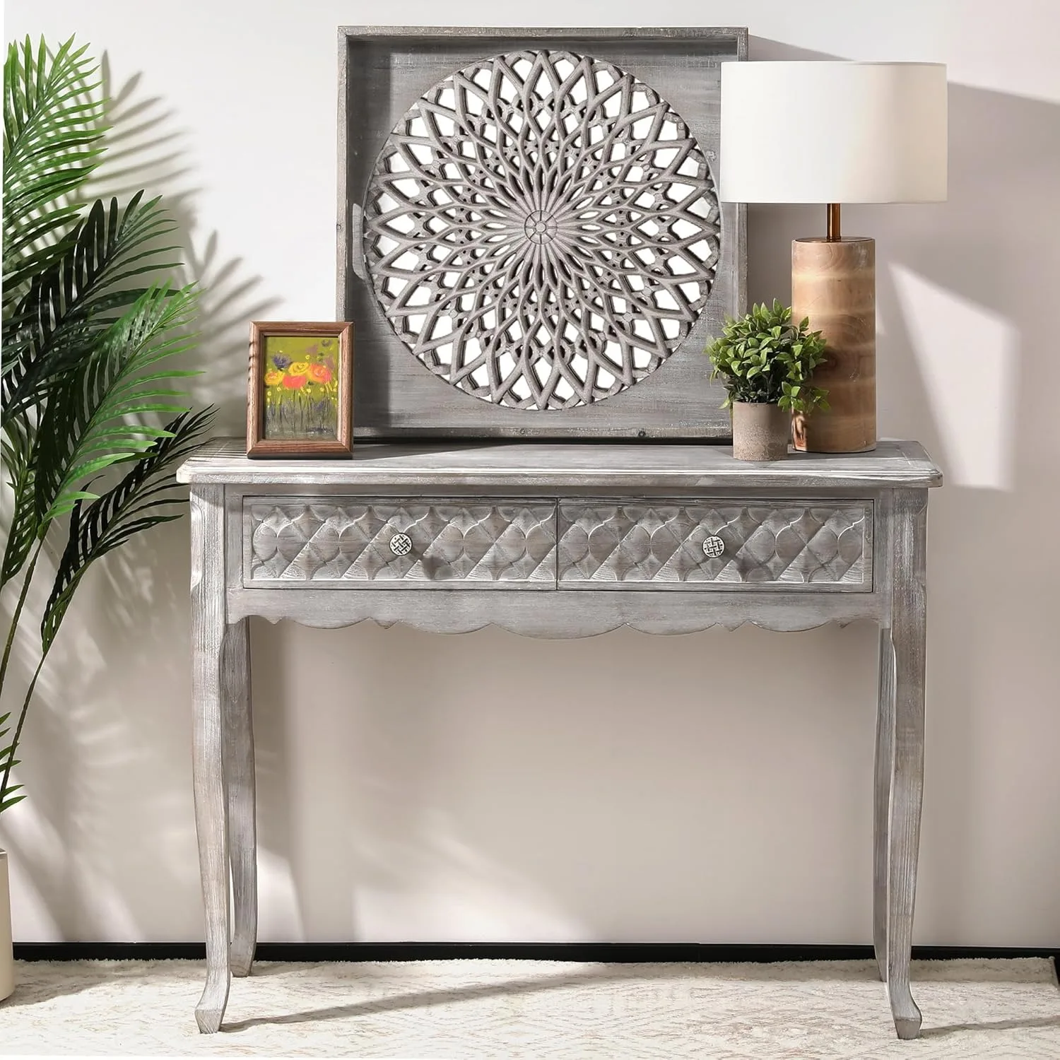 Solid Wood Entryway Table, Farmhouse Console Table with Storage and Carved Drawers, Rustic Console Tables for Entryway