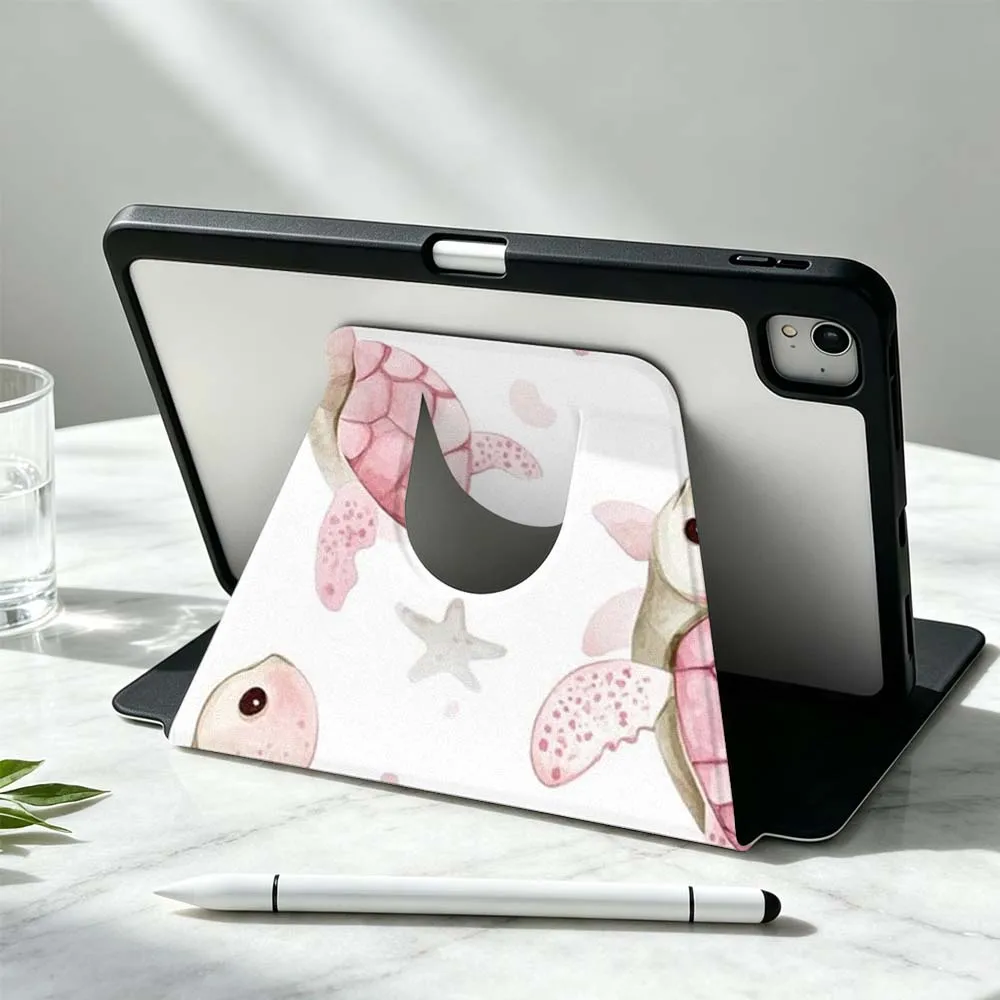 Art Pink Turtle Soft For iPad Pro Air mini 6 5 4 12th M5 M4 M3 M2 A16 A17Pro 360° Rotation Stylus Storage Tablet Case