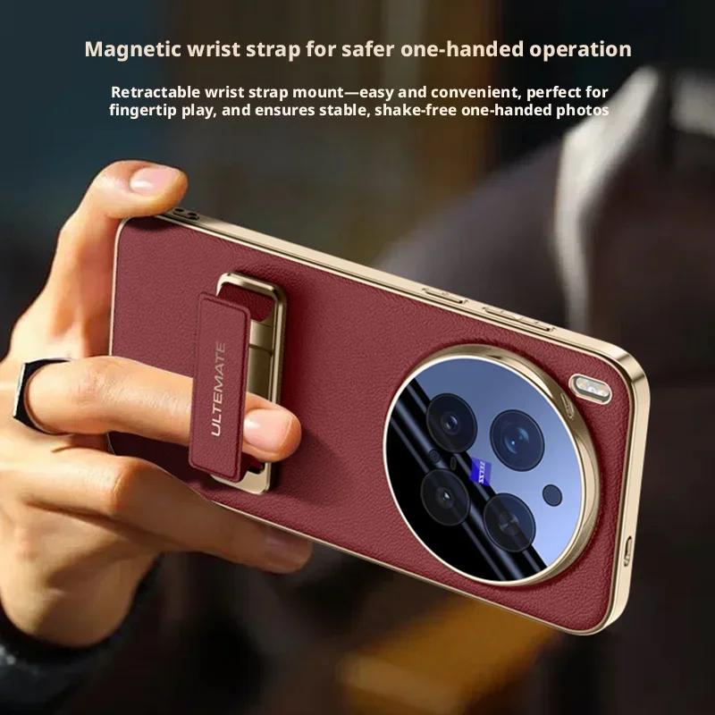 For Vivo X300s Vivo X300 Ultra Case Protection Finger Grip Strap Metal Bracket Kickstand Vegan Leather Cover