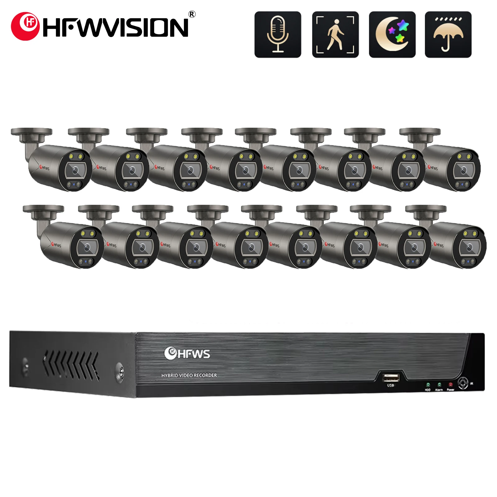 HFWVISION Security Camera System 16CH 8MP Ultra HD POE NVR Kit CCTV Audio  Outdoor Video Surveillance IP Camera Set