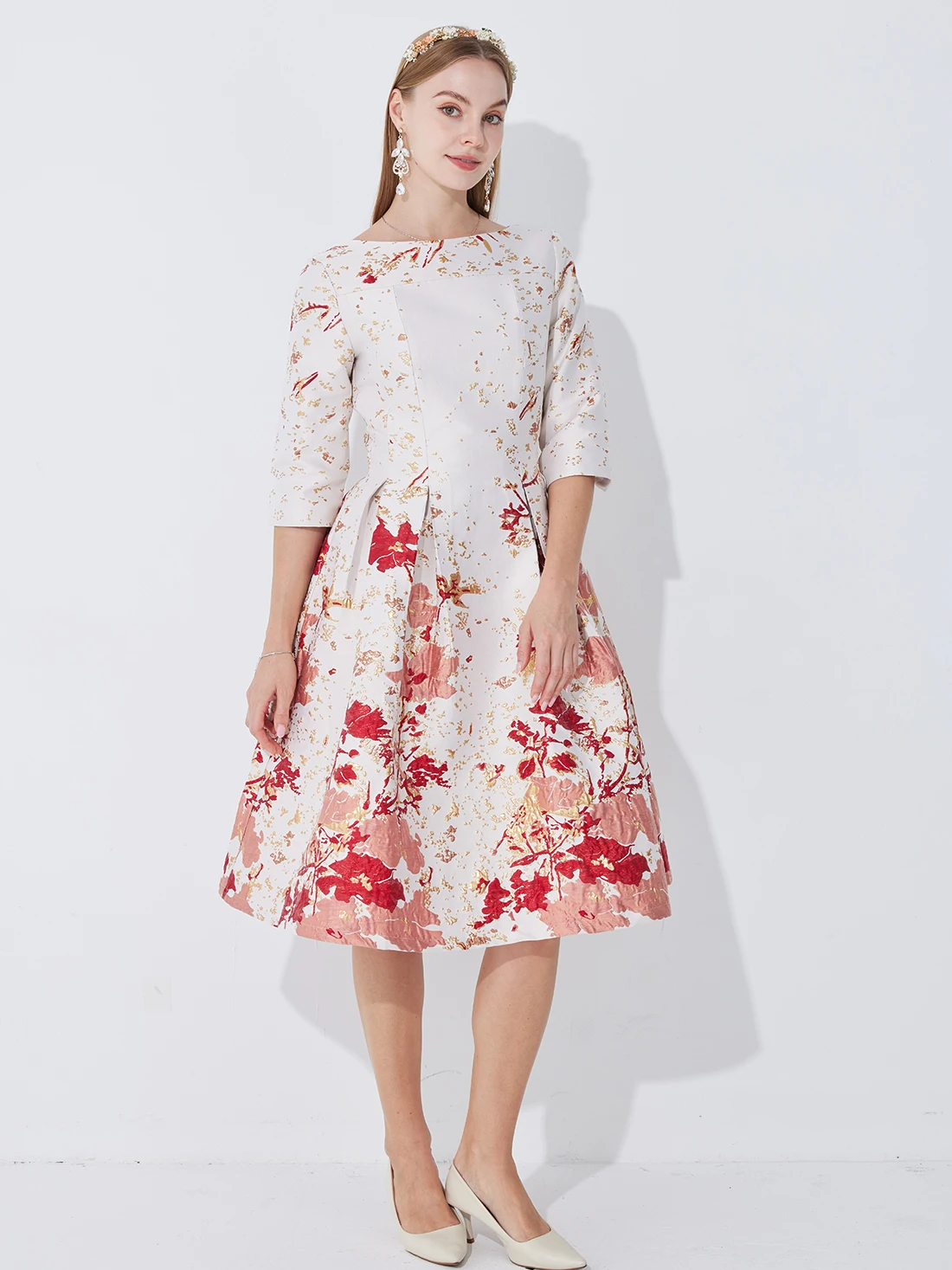 تنورة أنيقة برقبة دائرية وأكمام قصيرة على طراز الخريف باللونين الأحمر والوردي بطباعة زهور متوسطة الطول على شكل حرف A #6