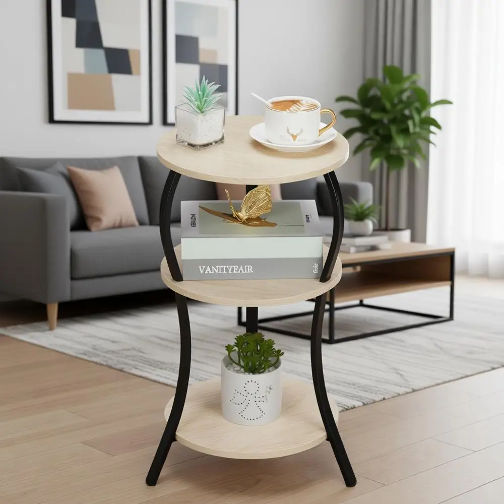 

Compact 3-Tier Round Side Table with Storage Shelf, Oak Finish, Ideal for Small Spaces in Living Room, Bedroom