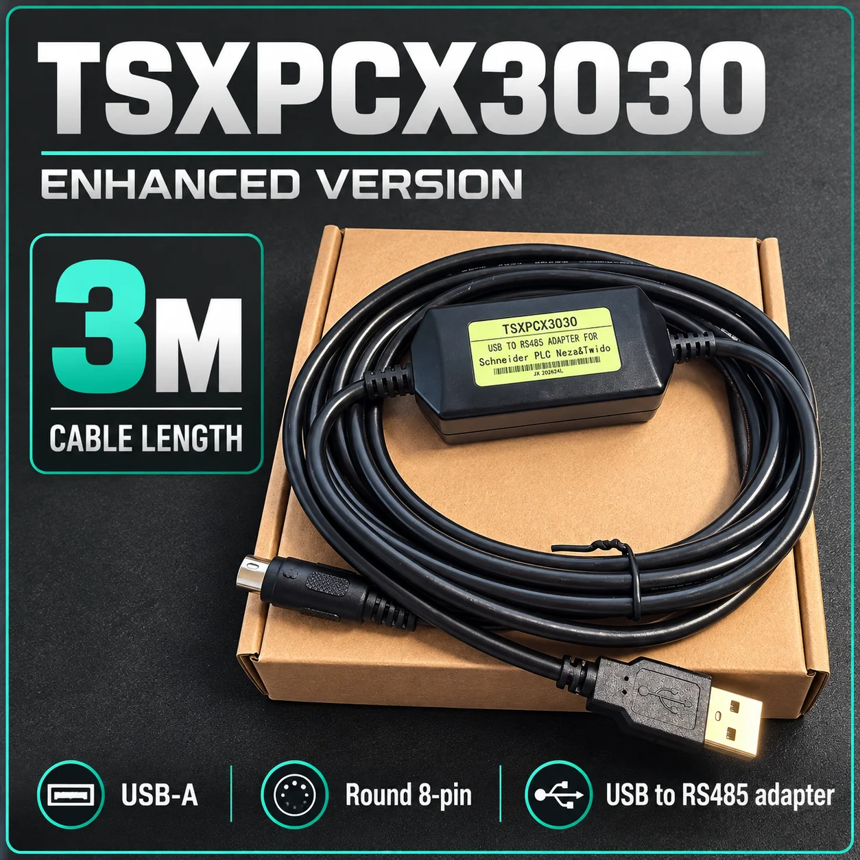 TSXPCX3030 USB to RS485 PLC Programming Cable 3M for Schneider TSX TWIDO NEZA Round 8 Pin Enhanced Version