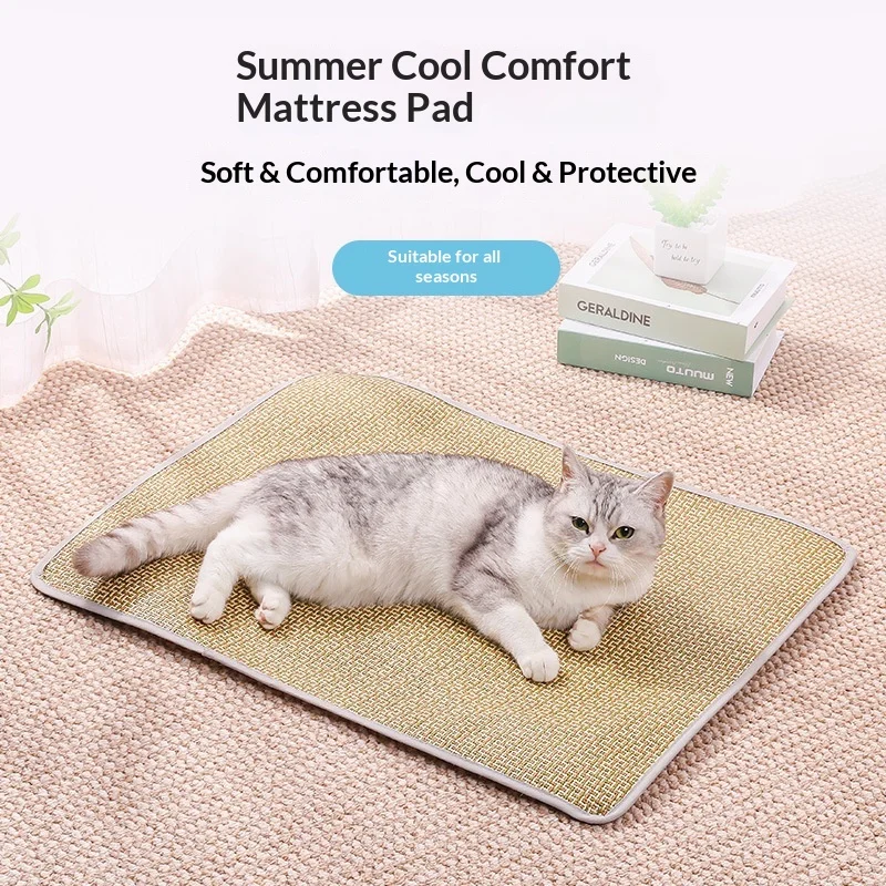 Grass Mat Pet Cooling Pad, Summer Cool Bed for Dogs and Cats, Natural Woven Sleeping Mat with Non-Slip Bottom Pet Supply
