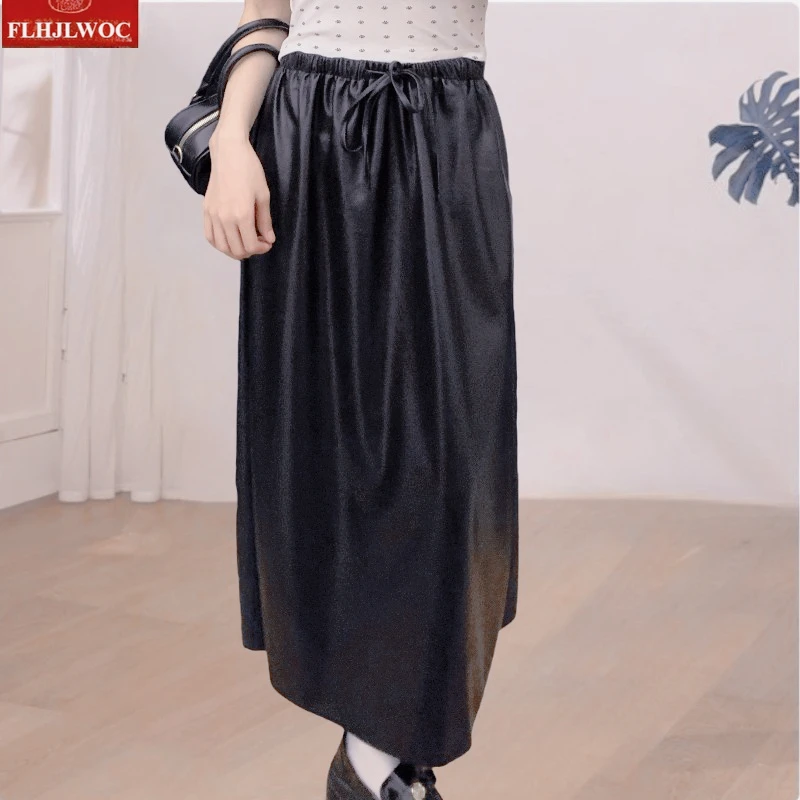 وهمية الجلود بولي تنورة تنورة عالية الخصر الرجعية مزاجه الفتيات النساء الموضة الأوروبية سيدة Shiring الخصر ربطة القوس فيونكة تنانير طويلة ماكسي