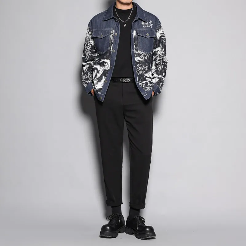Denim Jacket Men's Spring, Autumn and Winter Stitching Embroidered Niche Lapel Contrast Color Couple Loose Denim Jacket Coat