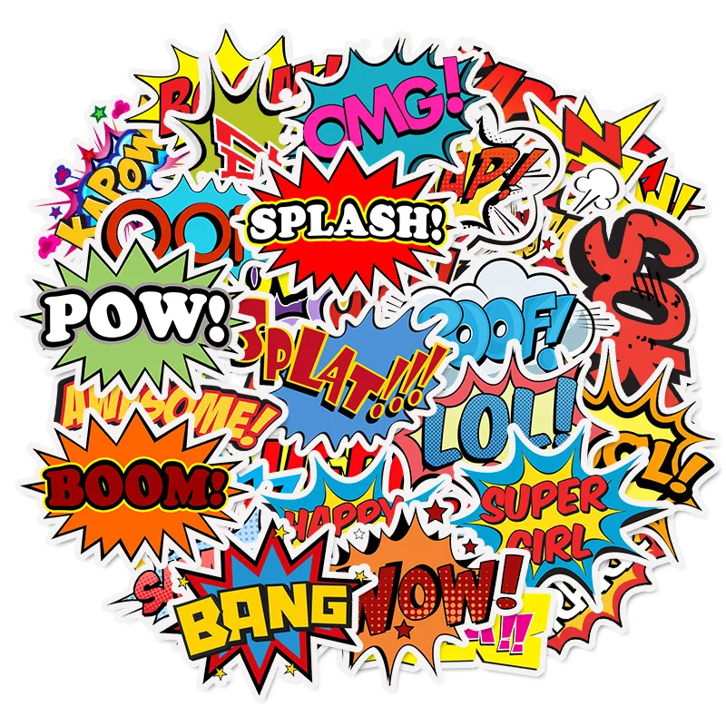 50pcs BAM POW WOW BOOM BANG OMG OOP Explosion Cloud Style Anime Slogan Stickers Pack for Phone Laptop Luggage Skateboard Sticker