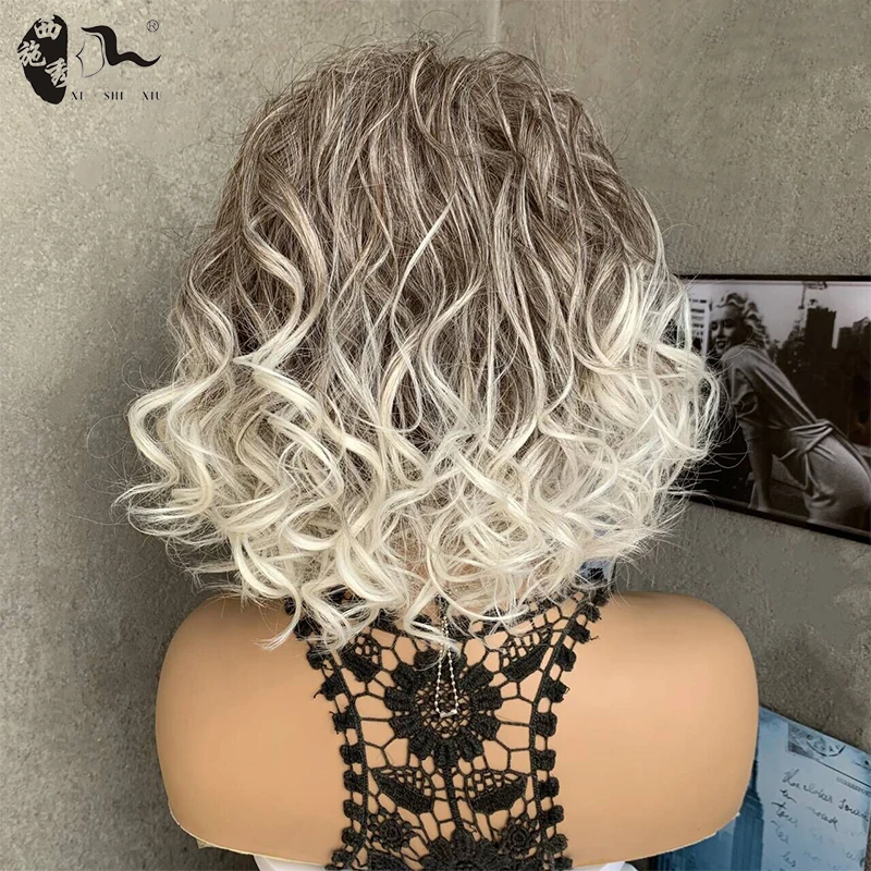 Ombre Gray Short Wavy Hair Synthetic Wig With Dark Brown Root Side Part Heat Resistant Fiber Natural Wavy Bob Cosplay Daily Wigs