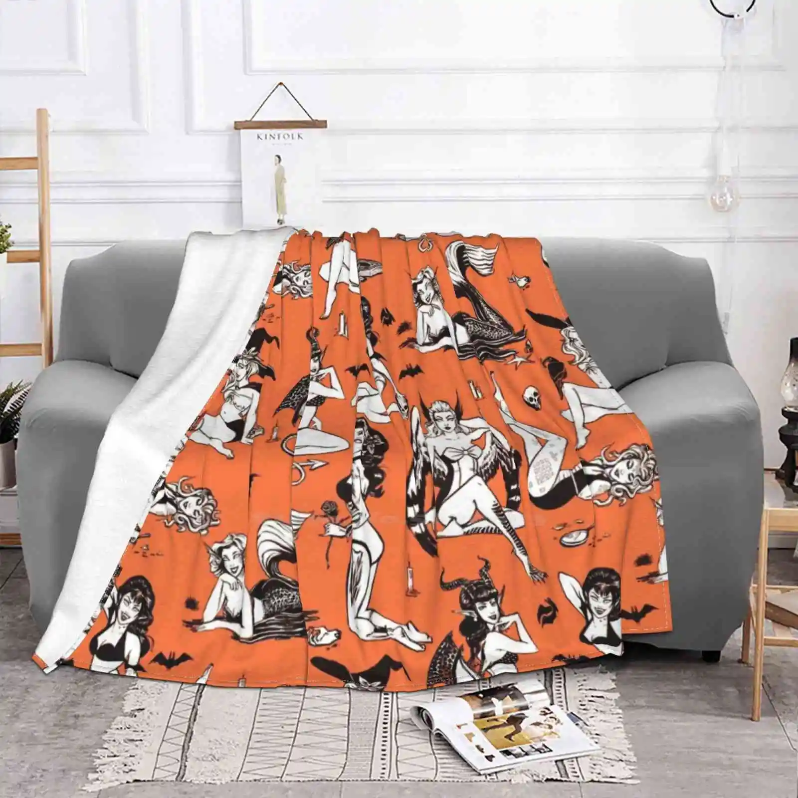 Monster Girl Pinup Pattern Fashion Soft Warm Flannel Blanket Monster Pinup Halloween Witch Vampire Zombie Succubus Retro Ink