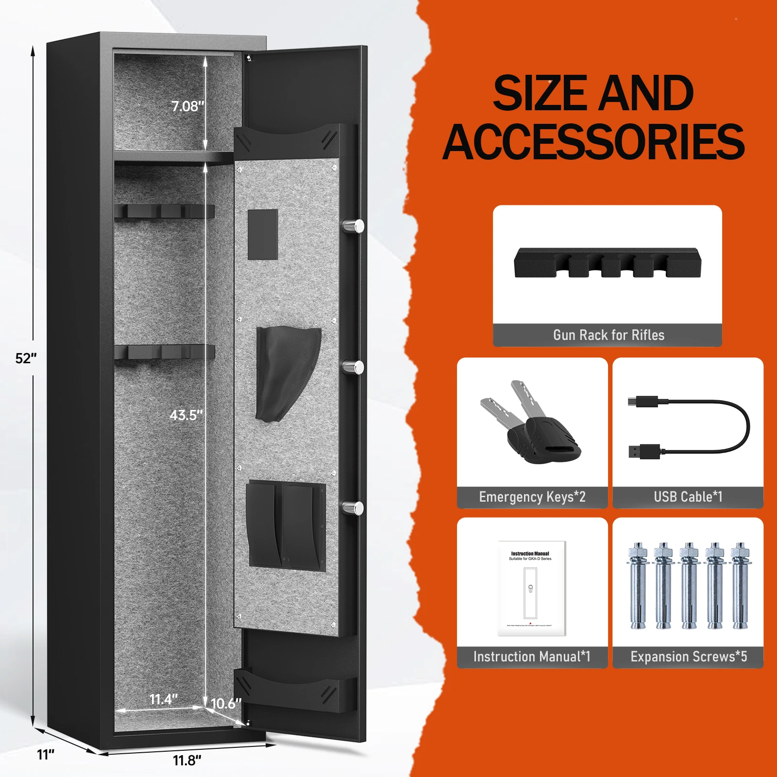 Kavey Larger and Deeper Gun Safe with Silent Mode and Alarm System, Long Gun Cabinet with Removable Shelf,2 Adjustable Gun Slots