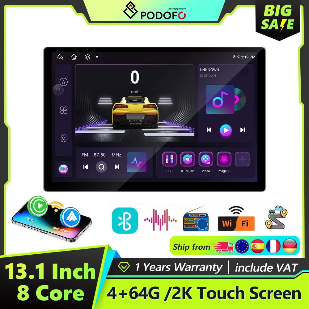 Podofo 13,1 Zoll Android 8-Kern Auto-Multimedia-Player GPS-Navigation BT Wireless Carplay Android Auto DSP FM Audio WIFI 4G
