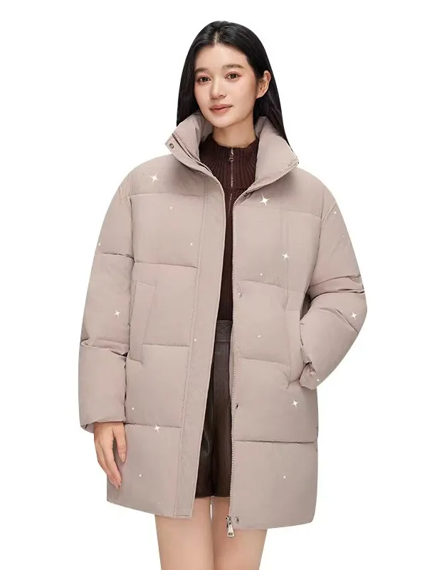 Winter Thiened Women's down Cotton Jaet Long Sve Zipper Closure Mid-Length Loose Fit Faionable Diamond Embellied Coat