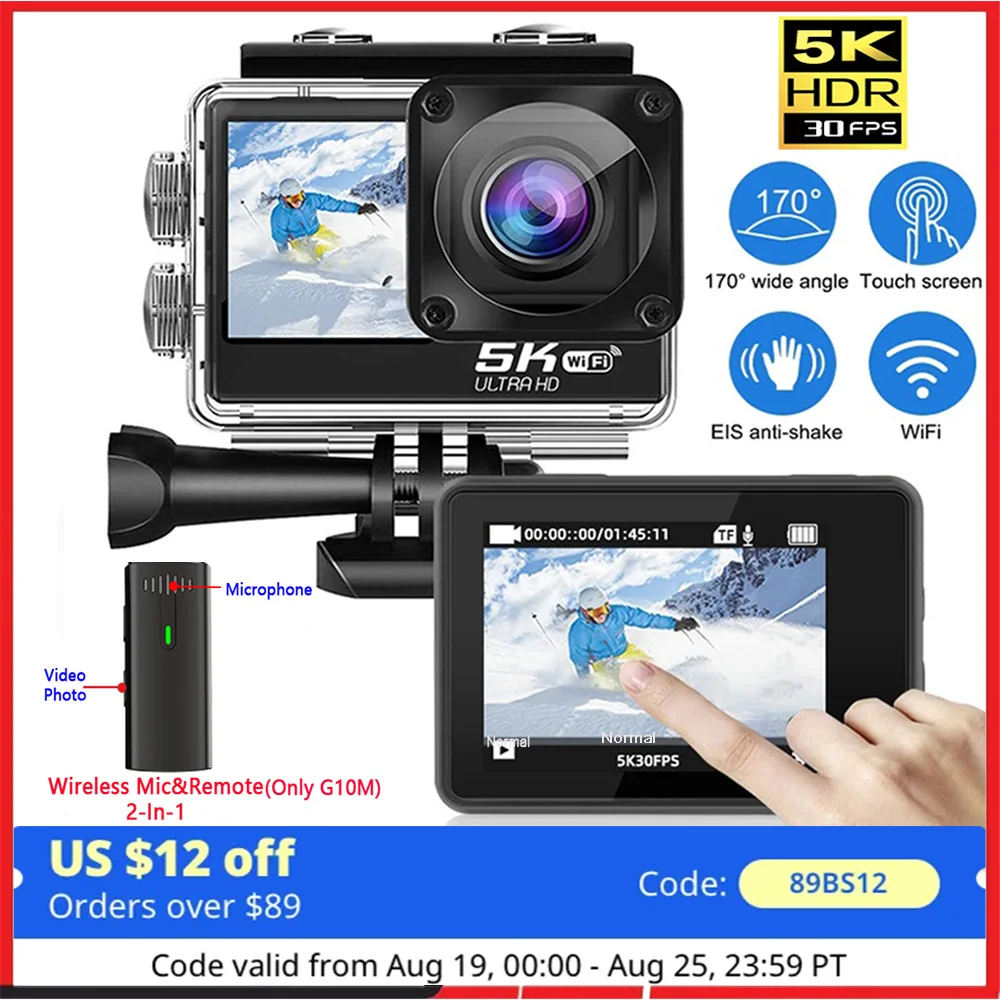 

Action Camera 5K 4K60FPS EIS 48MP Wi-Fi Dual Screen 170D 8X Zoom Pre Record 30M Waterproof Sport Camera With Sony IMX576 Lens