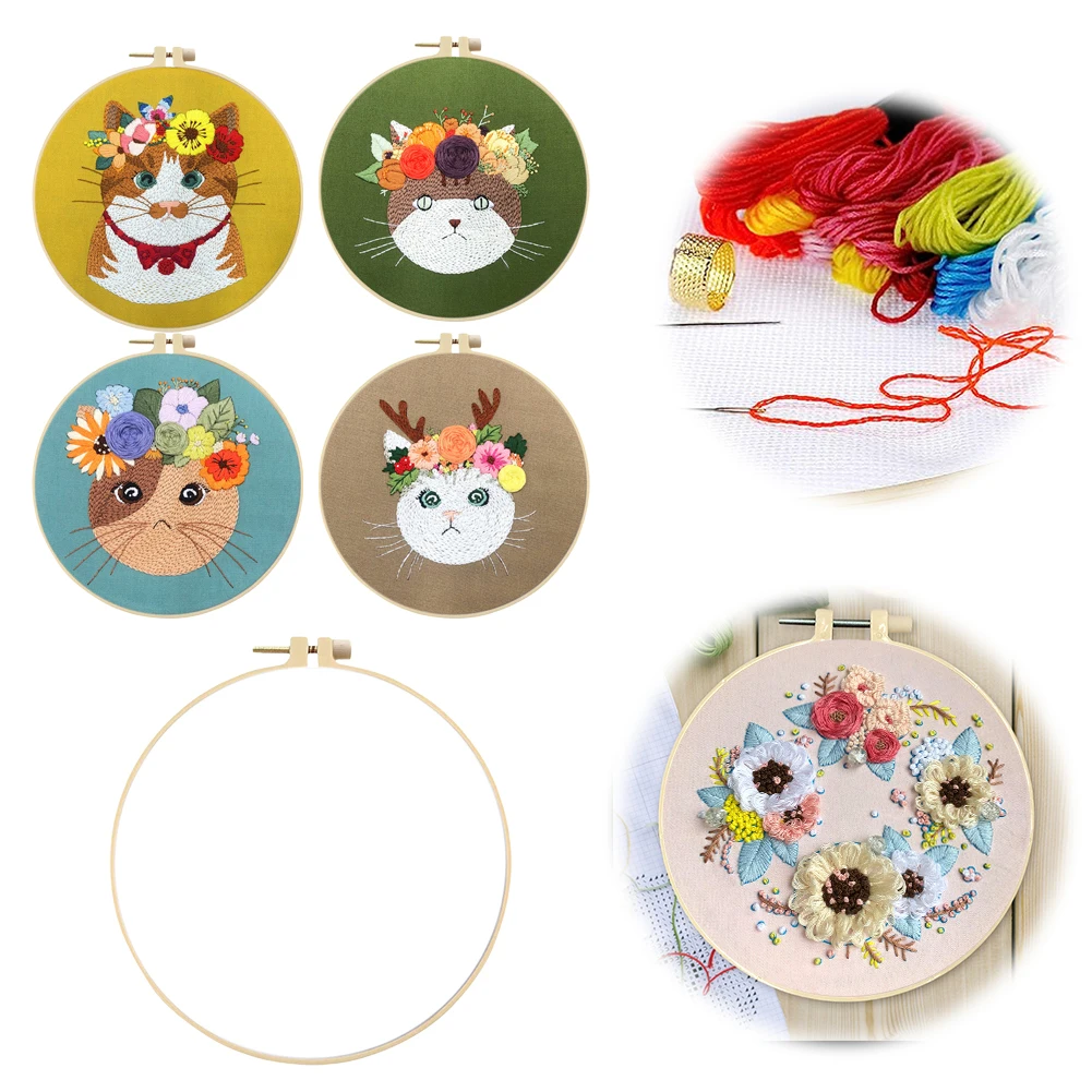 Kits de bordado de ponto cruz carimbados com flor de gato com fio de cor de pano de argola
