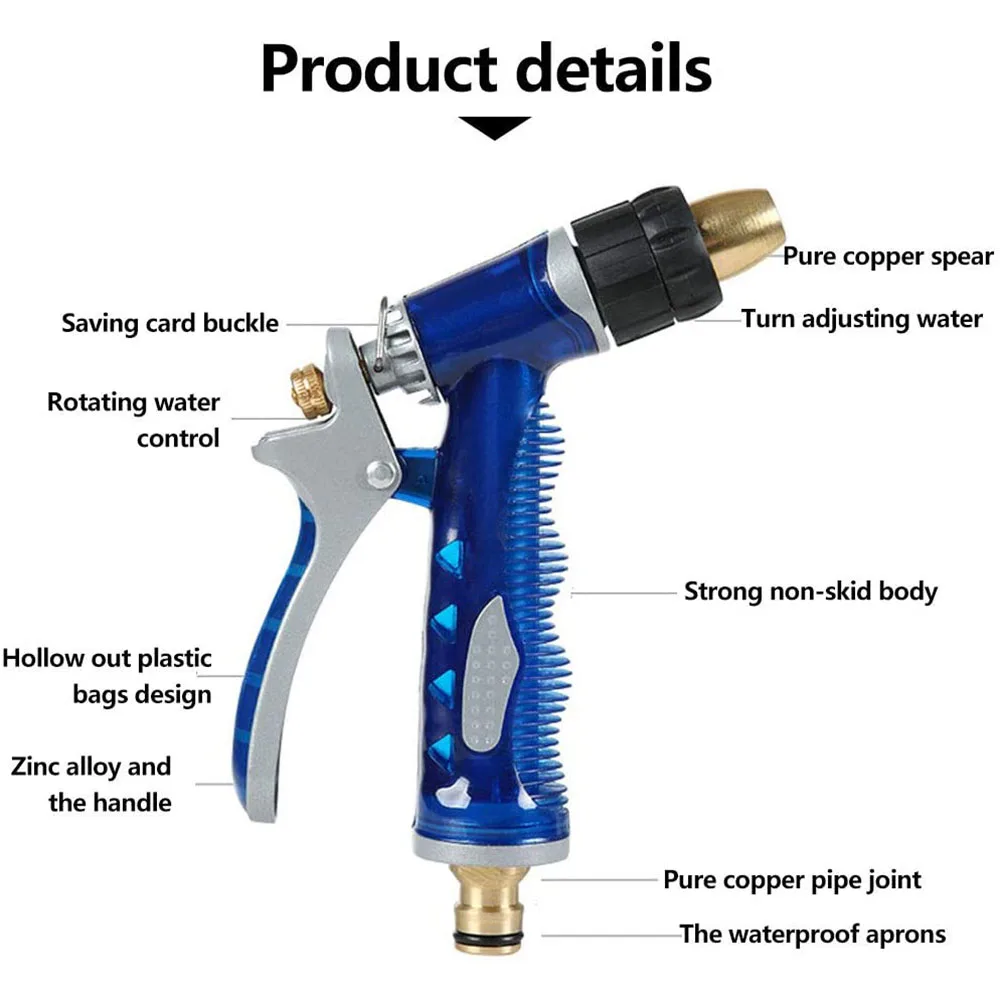 Portable High Pressure Durable Handheld Water Gun Garden Lawn Watering Car Wash Sprinkler Tool Hose Adjustable Brass Nozzle