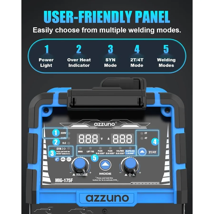 175Amp 110V 220V Single PULSE Aluminum MIG Welder Machine with PULSE Aluminum MIG/Flux MIG/Gas MIG/Stick/Lift TIG Welding 5-in-