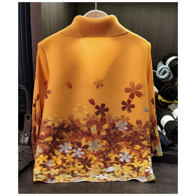 Miyake Pleated Shirt Senior Sense Fashion Lapel Jacket Women 2025 Spring New Commuter Flowers Printed Long-sleeved Pleated Tops
