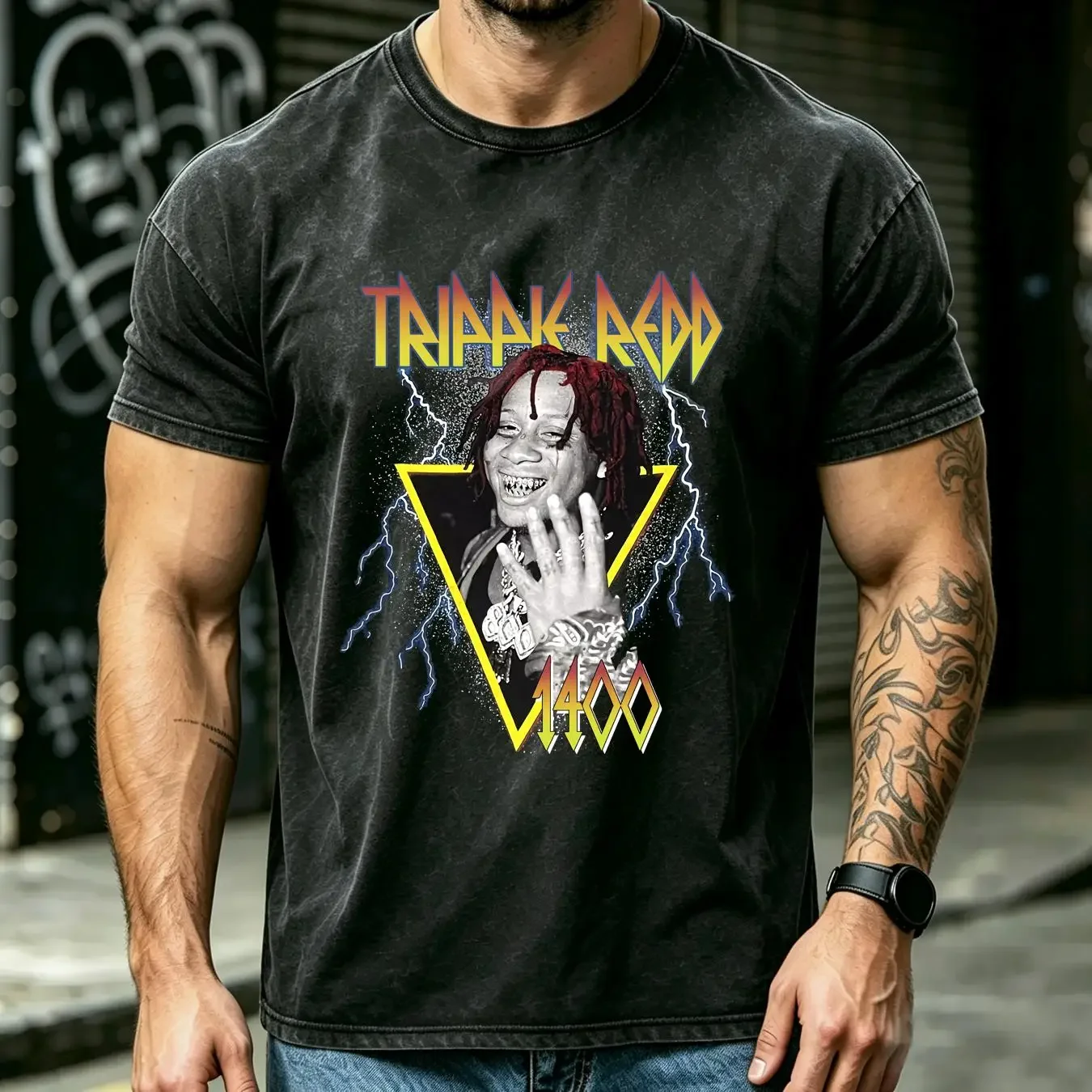 washed T Shirt Trippie Red 1400 Hip Hop Rap 420 Smokn Lighting Large long or short sleeves vintage Washed Breathable