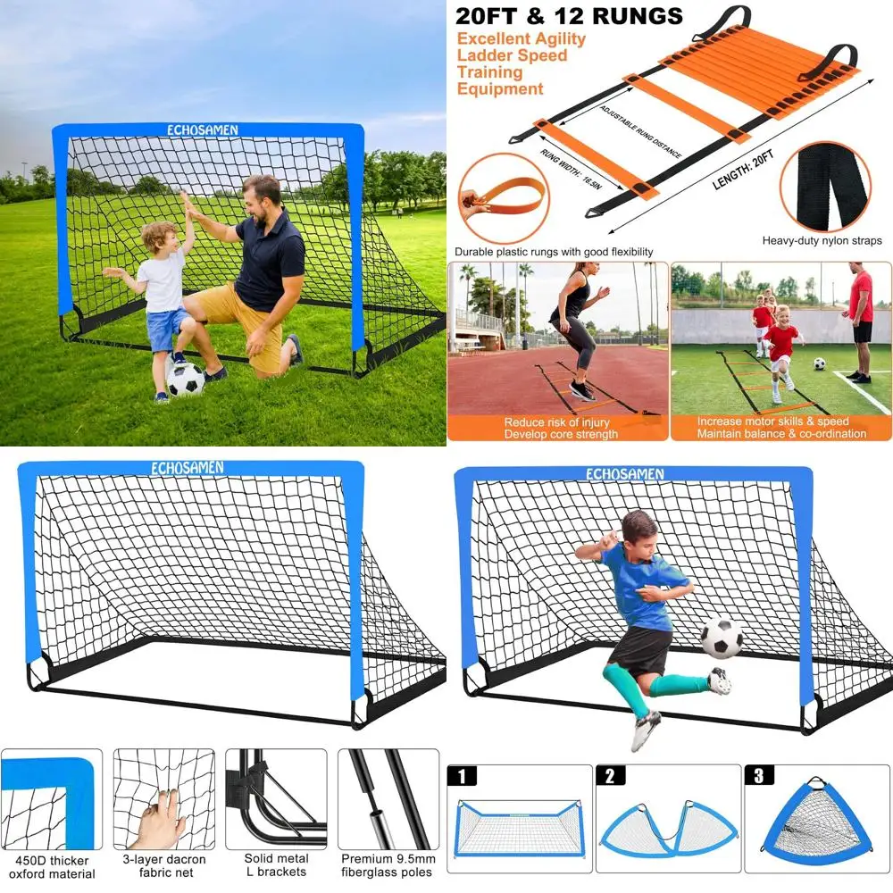 

Портативный футбольный набор для детей с сеткой 6 x 4 фута, 10 конусами, лестницей для тренировки ловкости и сумкой для переноски для тренировок на заднем дворе