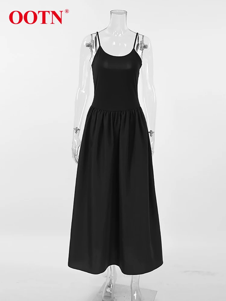 OOTN Black Evening Women A-Line Dresses Pocket Spaghetti Straps Ankle-Length Inner Dress Sleeveless Pleated Long Long Dress 2024