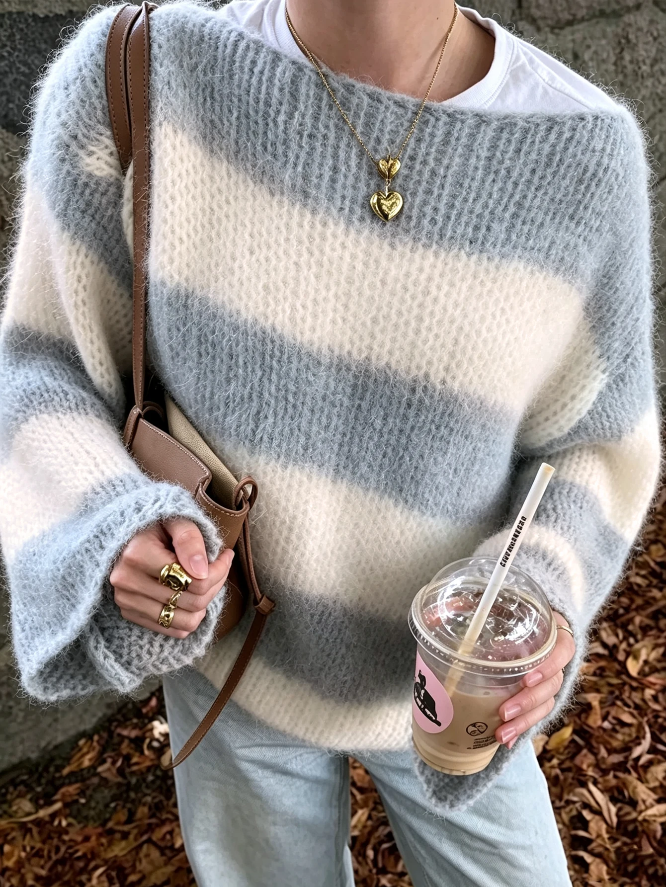 New Autumn and Winter Gray and White Contrast Striped Off-Shoulder Mohair Sweater for Women, European and American Style Lazy Loose Knit Top, Christmas Atmosphere Soft Plush Pullover, Oversized Long-Sleeve Casual Workwear Gentle Style Outerwear Sweater